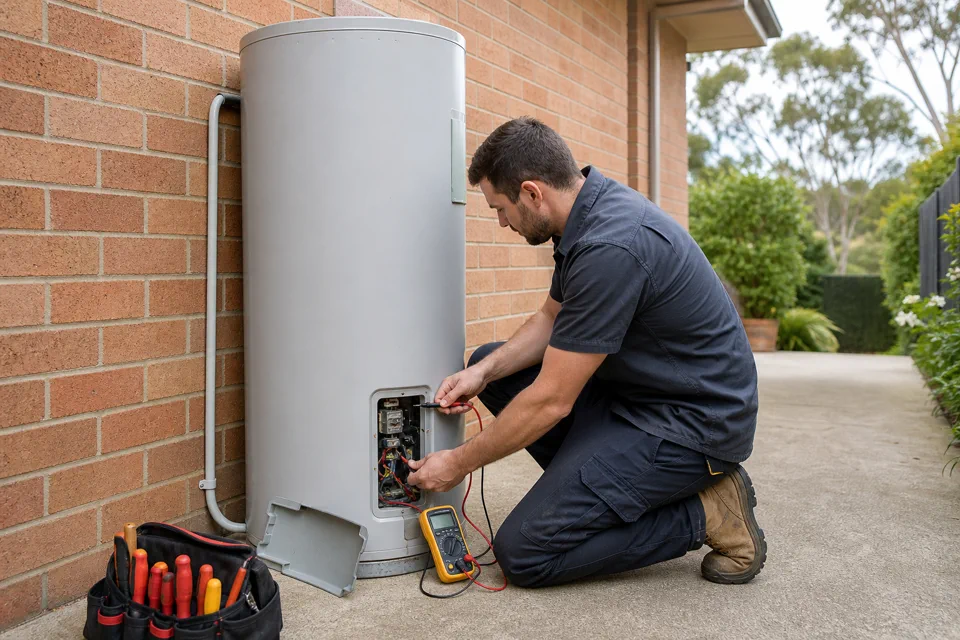 Electrician testing an electric hot water system during a repair