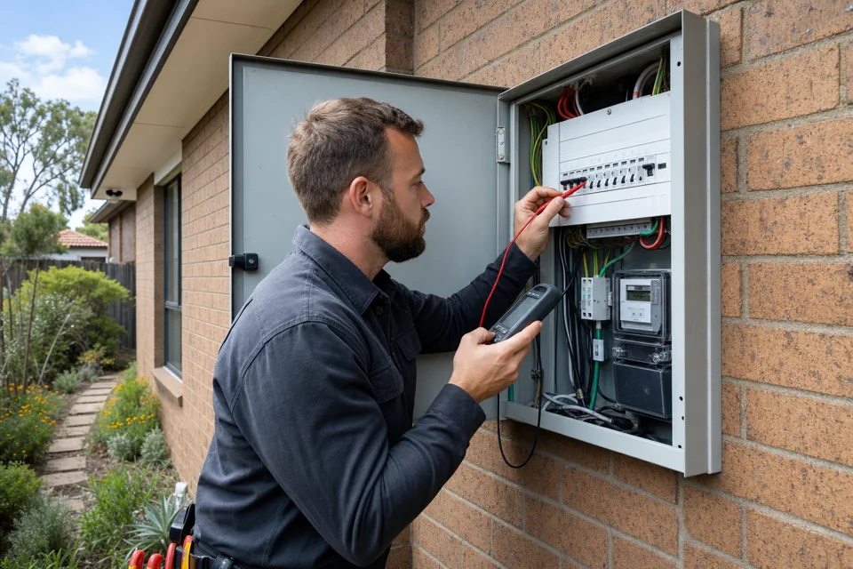 Electrician testing a residential switchboard during a home safety check